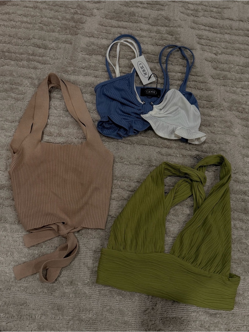 Cider Blue & White, Tan, & Green Ribbed Bralette Set Of 3 Tops